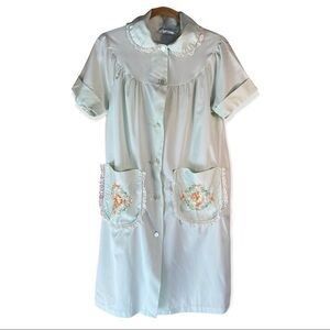 Vintage Merville Embroidered Lace Trim Housecoat Button Front Green Size 10